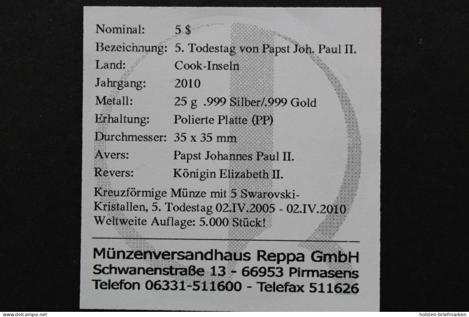 Cook Inseln, 5 Dollar 5. Todestag Johannes Paul, 2010, Polierte Platte / Proof - Andere - Oceanië