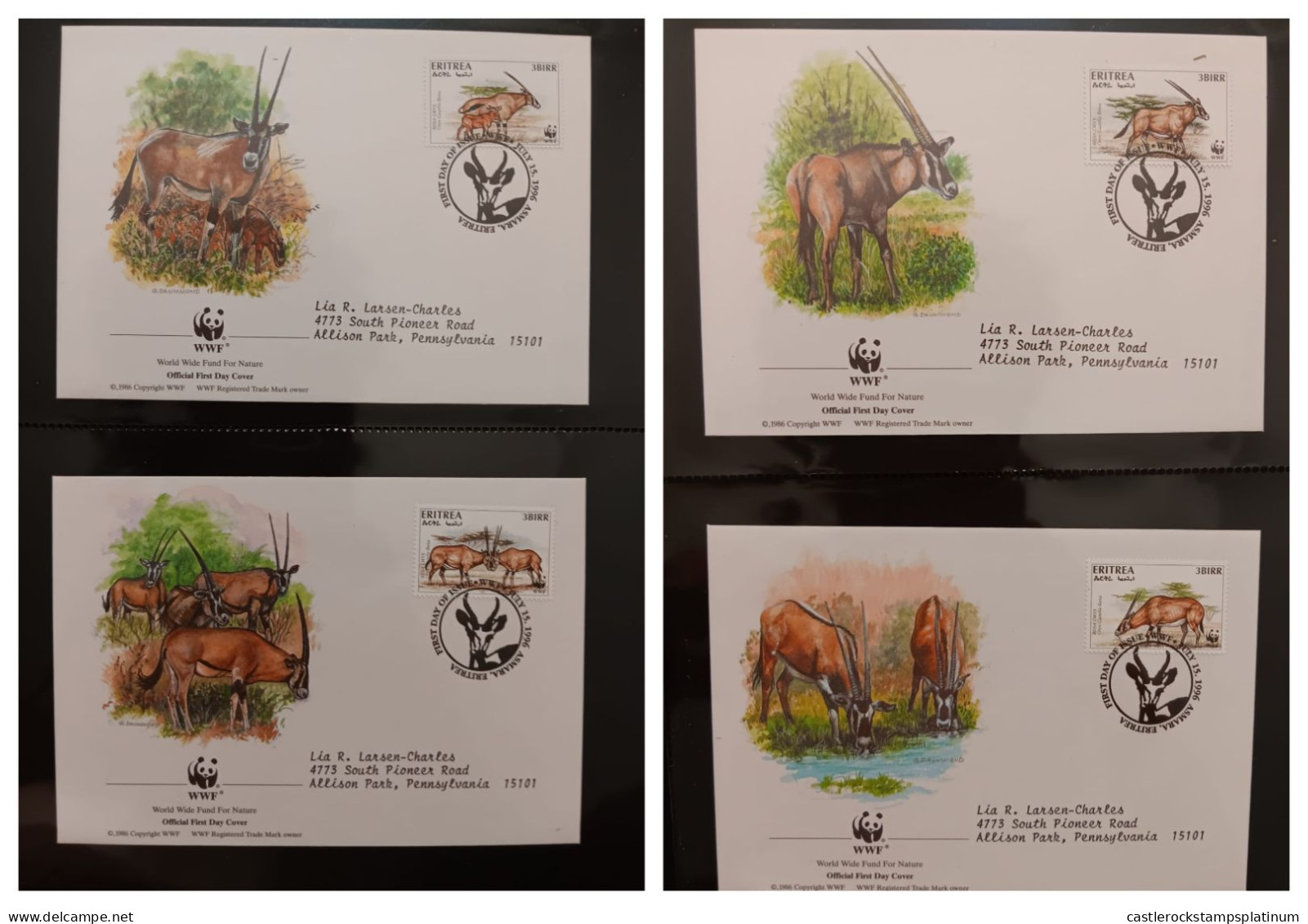 O) 1996 ERITREA,  WWF - WORLD WILDLIFE FUND,  BEISA ORYX, YOUNG, FACING LEFT, HEADS TOGETHER, FACING RIGHT, FDC XF - Erythrée