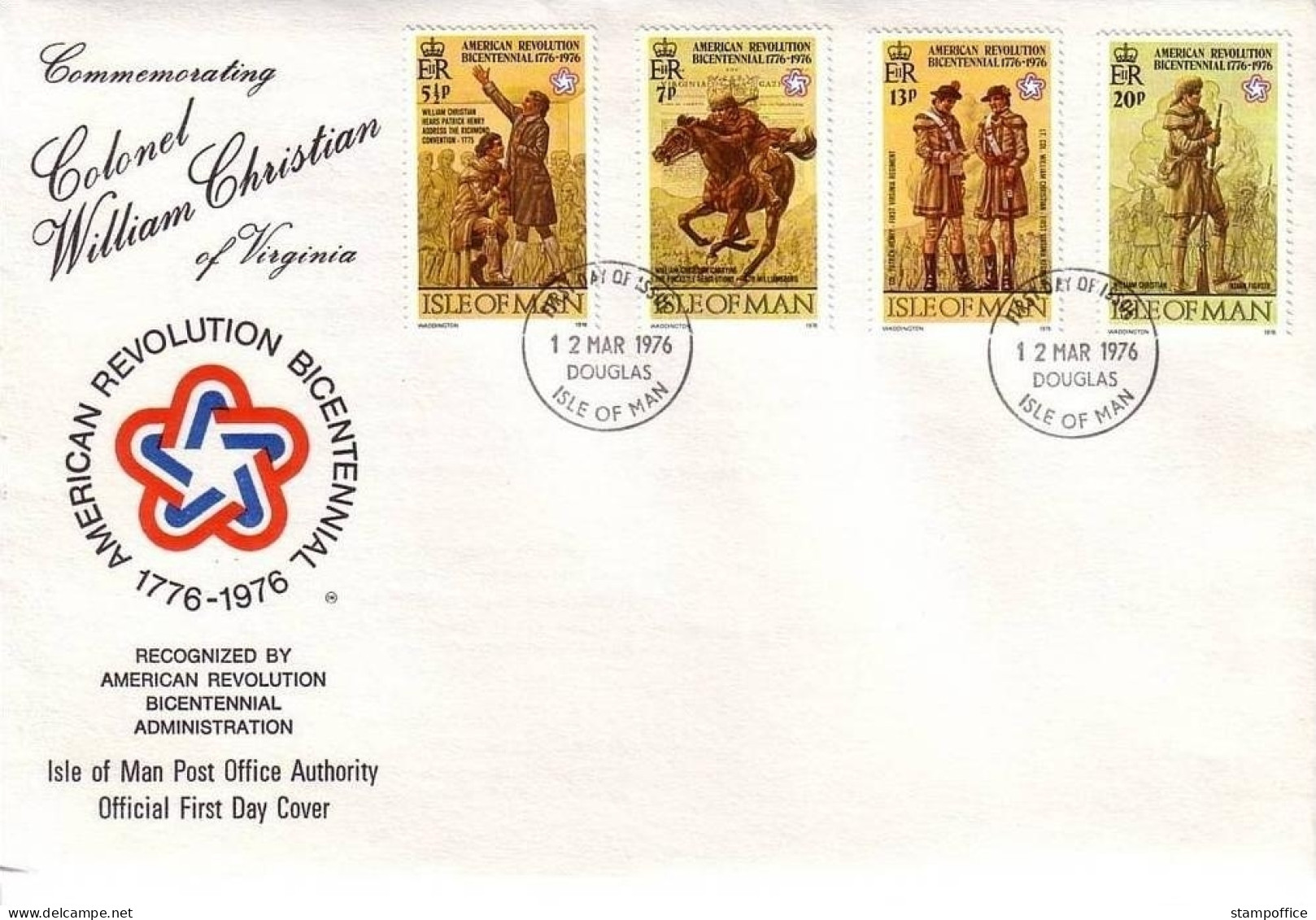 ISLE OF MAN MI-NR. 74-77 FDC 200 JAHRE UNABHÄNGIGKEIT USA 1976 WILLIAM CHRISTIAN PFERD - Isola Di Man