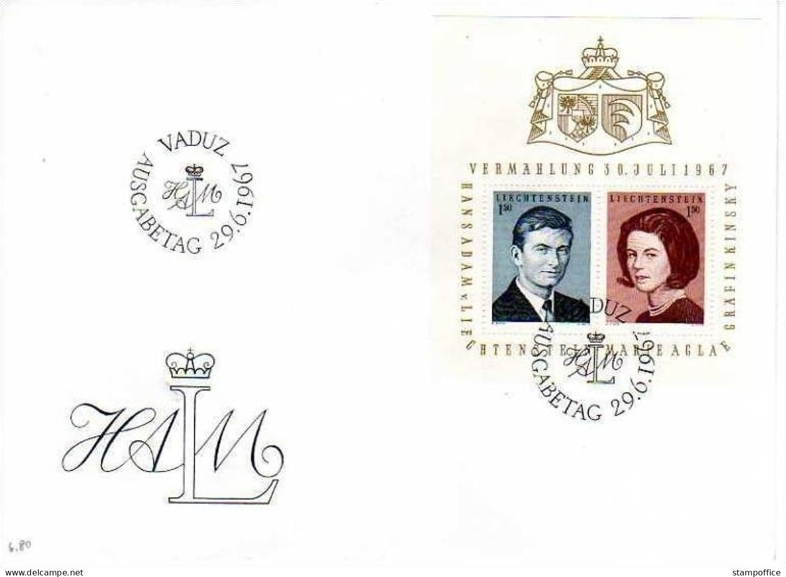 LIECHTENSTEIN BLOCK 7 FDC HOCHZEIT Von HANS ADAM Und GRÄFIN KINSKY 1967 - Blocs & Feuillets