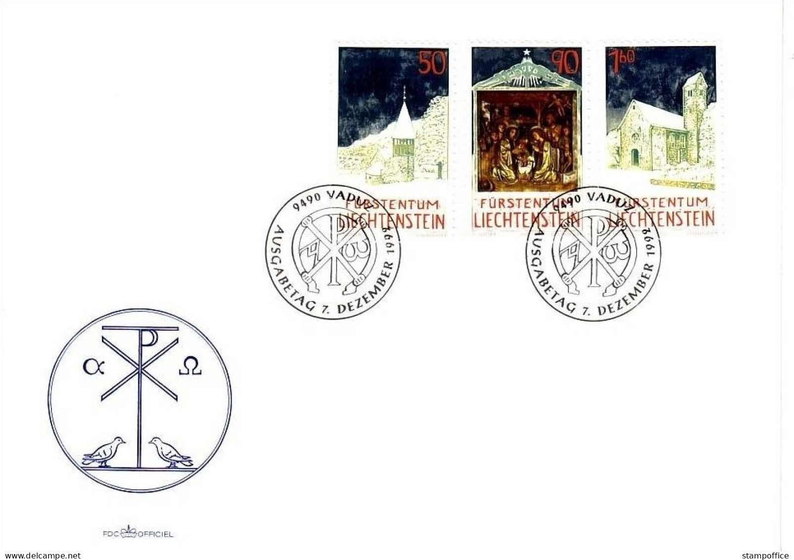 LIECHTENSTEIN MI-NR. 1050-1052 FDC WEIHNACHTEN 1992 KAPELLEN - Christmas