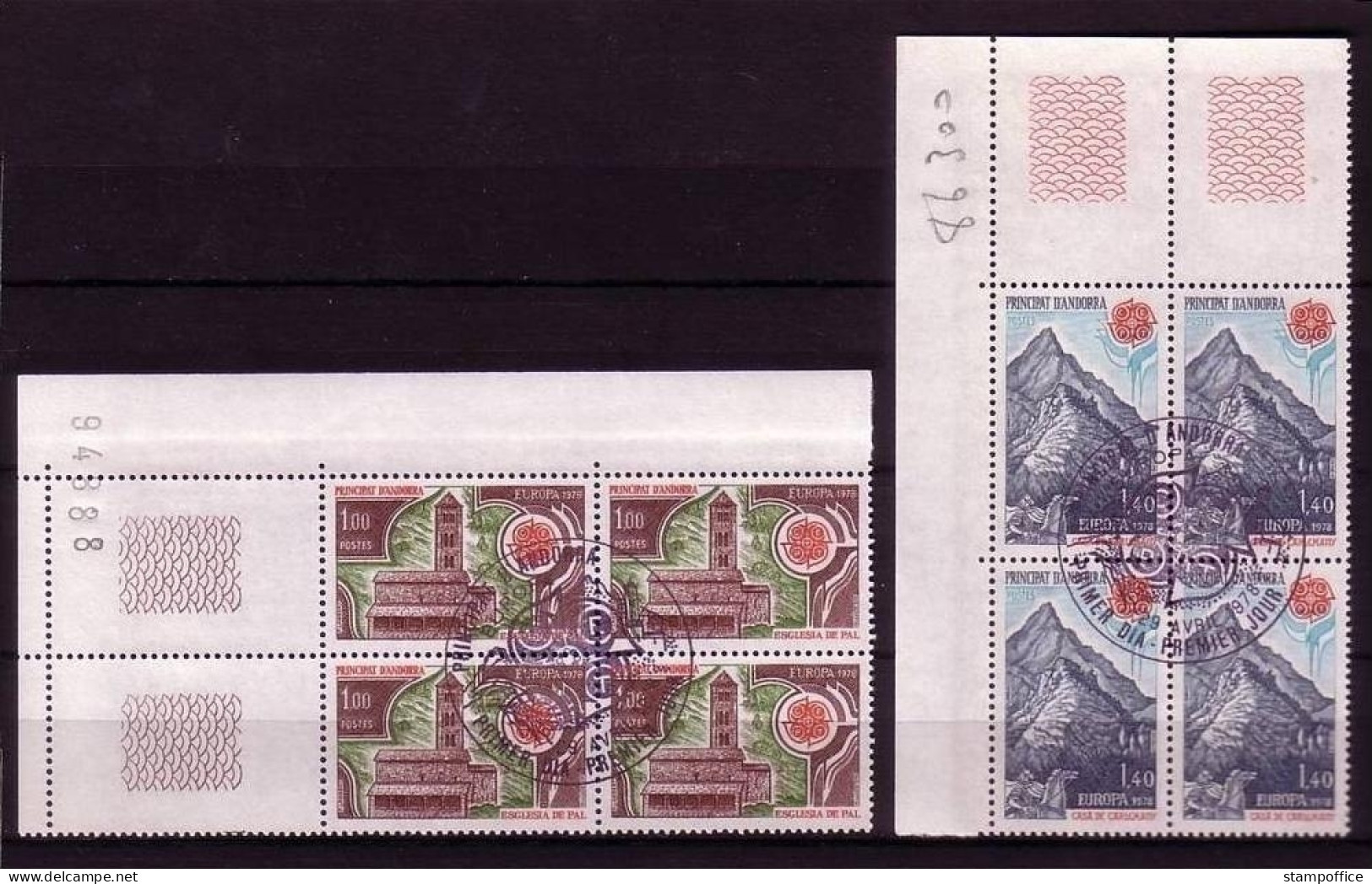 FRANZÖSISCH ANDORRA MI-NR. 290-291 GESTEMPELT(USED) 4er BLOCK EUROPA 1978 KIRCHE VON PAL BERGMASSIV - 1978