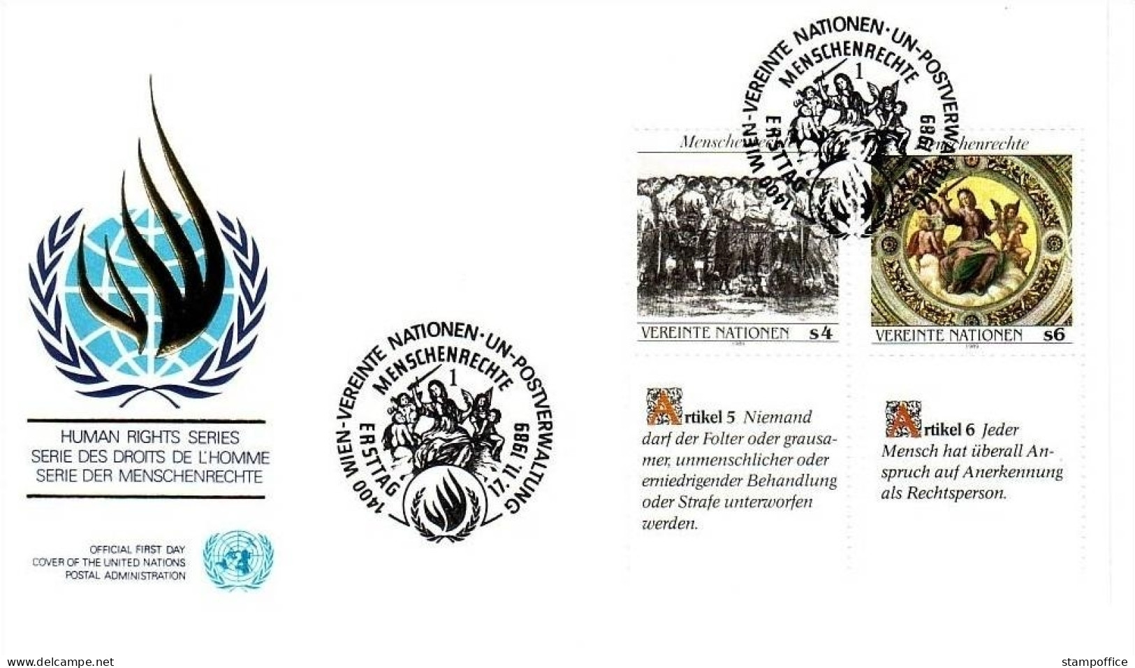 UNO WIEN MI-NR. 96-97 FDC MENSCHENRECHTE KÄTHE KOLLWITZ RAFFAEL TEXT DEUTSCH - FDC