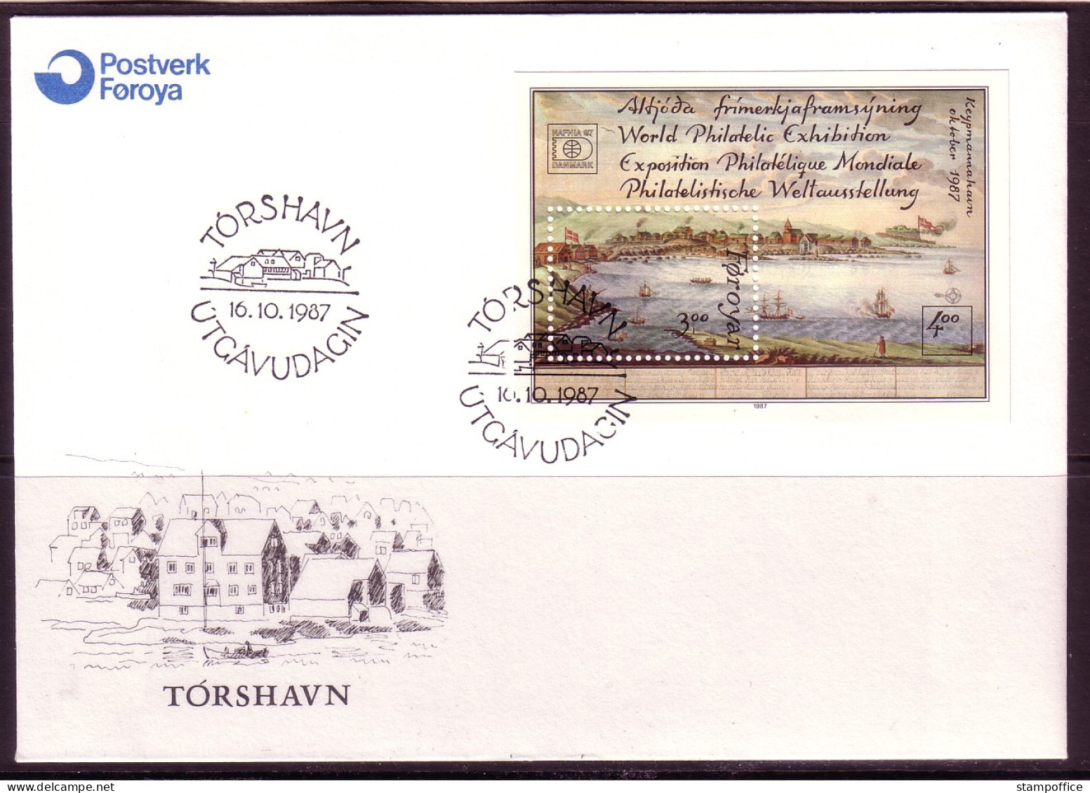 FÄRÖER BLOCK 3 FDC GEMÄLDE HAFEN VON TORSHAVN HAFNIA `87 - Färöer Inseln