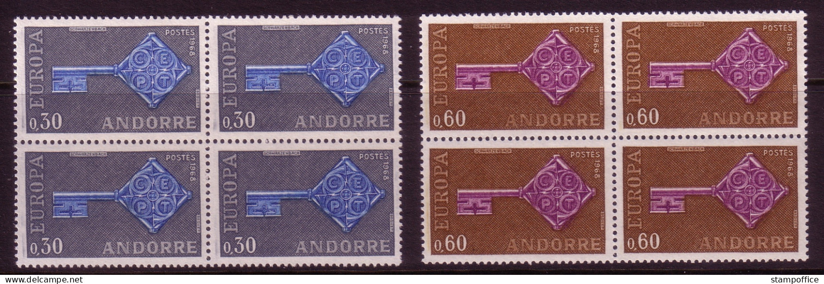 ANDORRA FRANZÖSISCH MI-NR. 208-209 POSTFRISCH(MINT) VIERERBLOCK EUROPA 1968 KREUZBARTSCHLÜSSEL - 1968