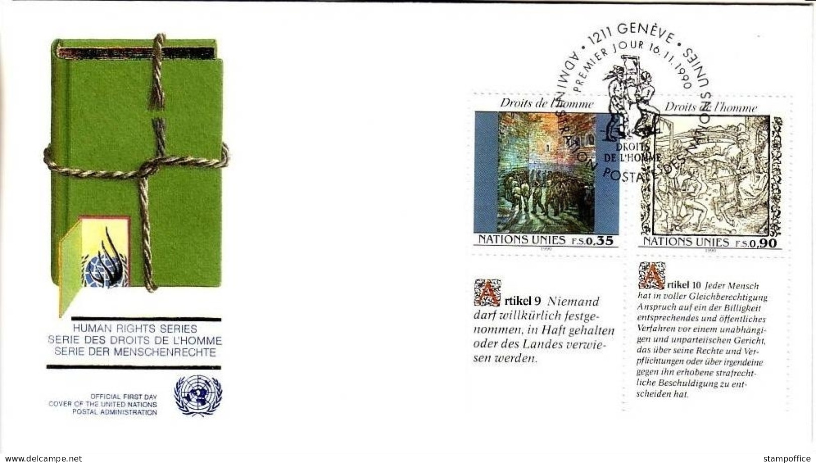 UNO GENF MI-NR. 192-193 FDC MENSCHENRECHTE In 3 Sprachen Van GOGH ALBRECHT DÜRER - FDC