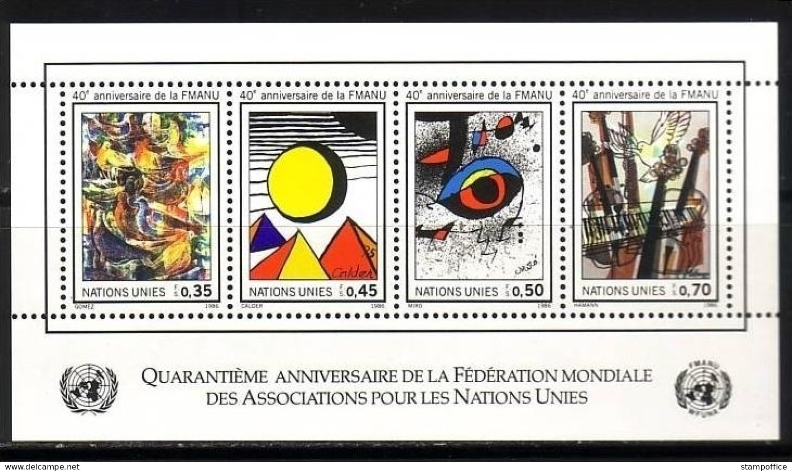 UNO GENF BLOCK 4 POSTFRISCH 40 JAHRE WFUNA 1986 KUNSTMOTIVE JOAN MIRO - Blocks & Sheetlets