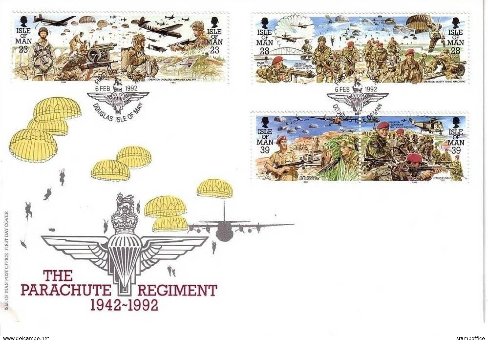 ISLE OF MAN MI-NR. 497-502 FDC FALLSCHIRMJÄGERREGIMENT 1992 FLUGZEUG HUBSCHRAUBER - Isola Di Man