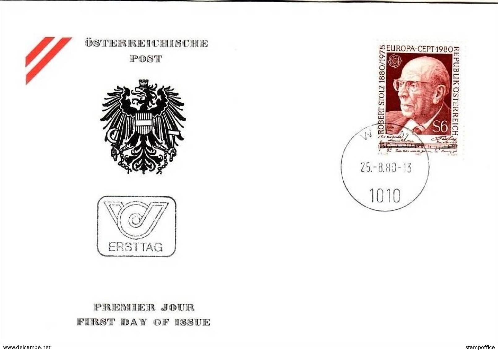 ÖSTERREICH MI-NR. 1652 FDC EUROPA 1980 BEDEUTENDE PERSÖNLICHKEITEN ROBERT STOLZ - 1980