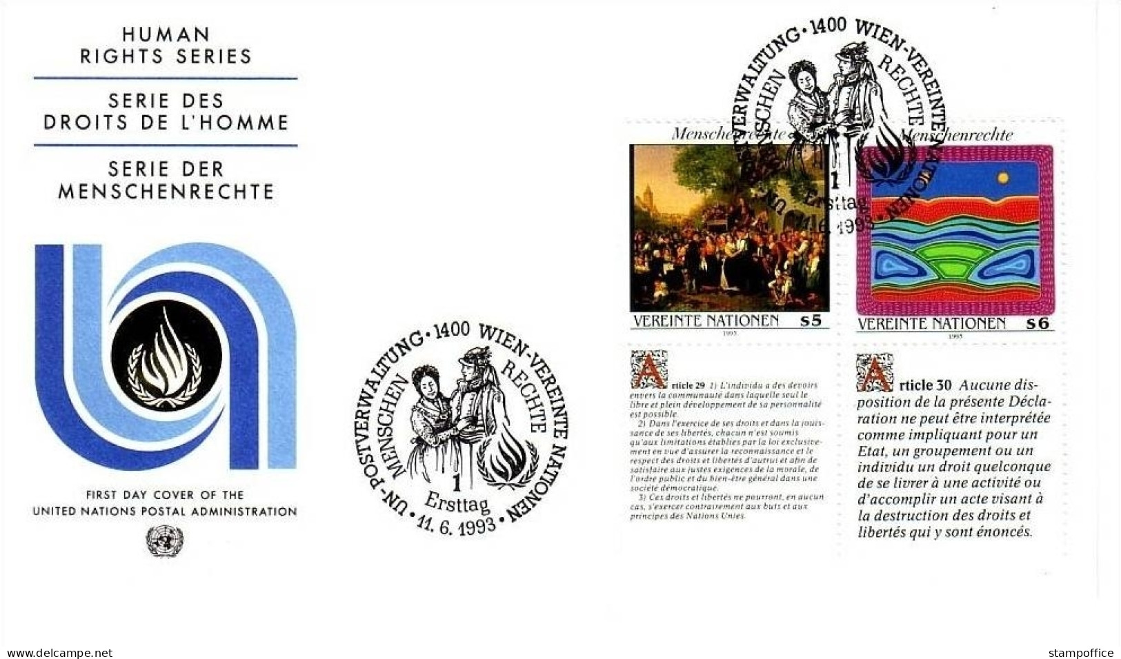 UNO WIEN MI-NR. 150-151 FDC MENSCHENRECHTE - FERDINAND GEORG WALDMÜLLER - FDC