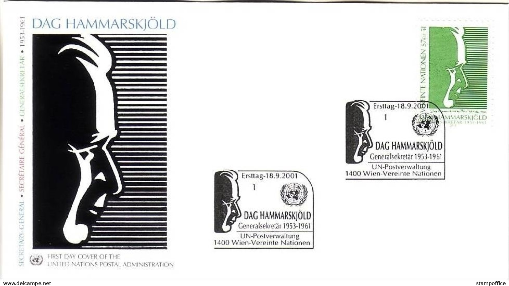 UNO WIEN MI-NR. 341 FDC 40. TODESTAG VON DAG HAMMARSKJÖLD UNO GENERALSEKRETÄR 2001 - FDC