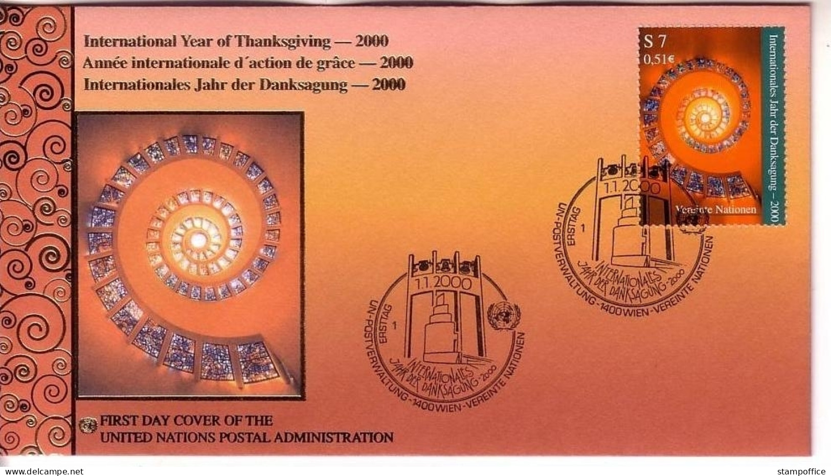 UNO WIEN MI-NR. 302 FDC INTERNATIONALES JAHR DER DANKSAGUNG 2000 BUNTGLASFENSTER - FDC