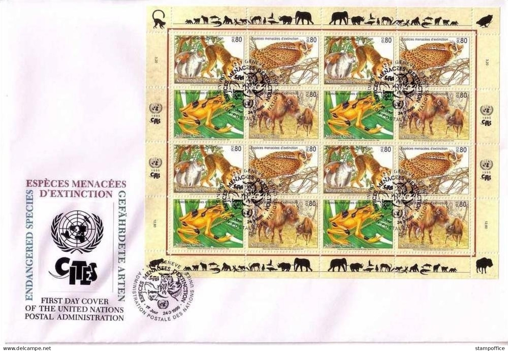 UNO GENF MI-NR. 263-266 FDC KLEINBOGEN GEFÄHRDETE TIERE MAKI EULE FROSCH BISON - Owls