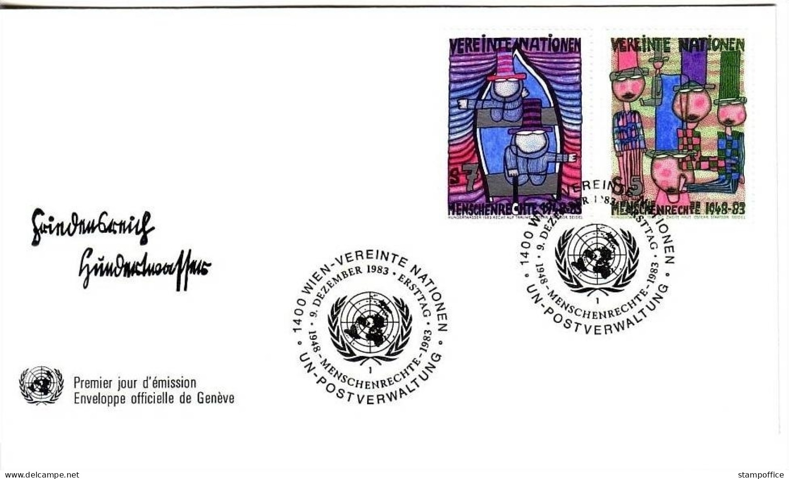 UNO WIEN MI-NR. 36-37 FDC ERKLÄRUNG DER MENSCHENRECHTE HUNDERTWASSER 1983 - FDC