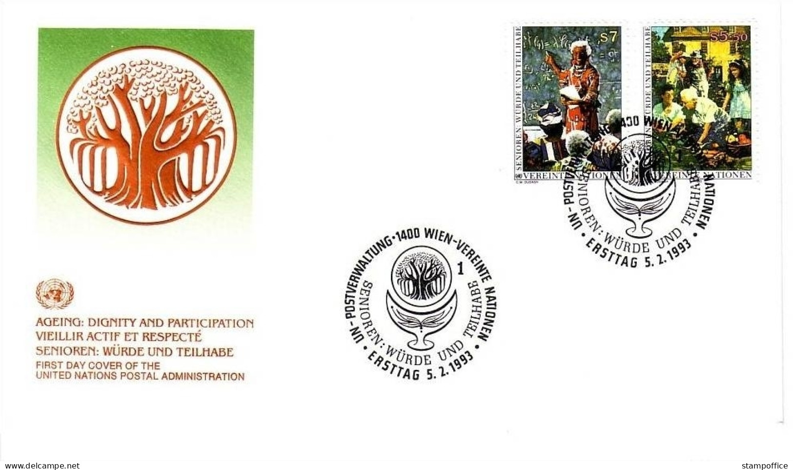 UNO WIEN MI-NR. 141-142 FDC WÜRDE UND TEILHABE FÜR SENIOREN 1993 - FDC