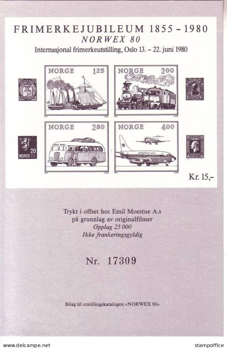NORWEGEN FRIMERKEJUBILEUM 1855-1980 NORWEX 80 Schwarzdruck EISENBAHN SCHIFF AUTO FLUGZEUG - Ensayos & Reimpresiones