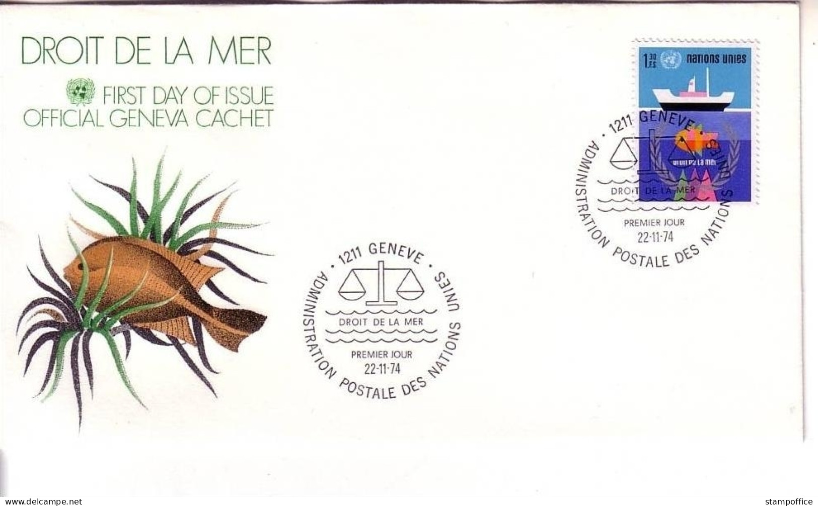 UNO GENF MI-NR. 45 FDC SEERECHTSKONFERENZ 1974 SCHIFF FISCH - FDC