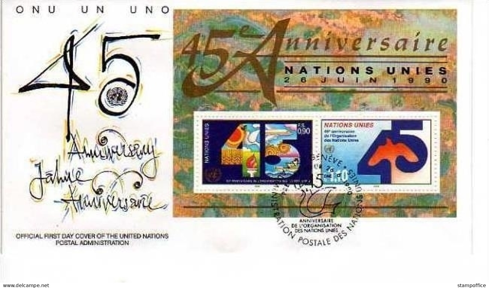 UNO GENF BLOCK 6 FDC 45 JAHRE UNO FRIEDENSTAUBE 1990 - Blokken & Velletjes