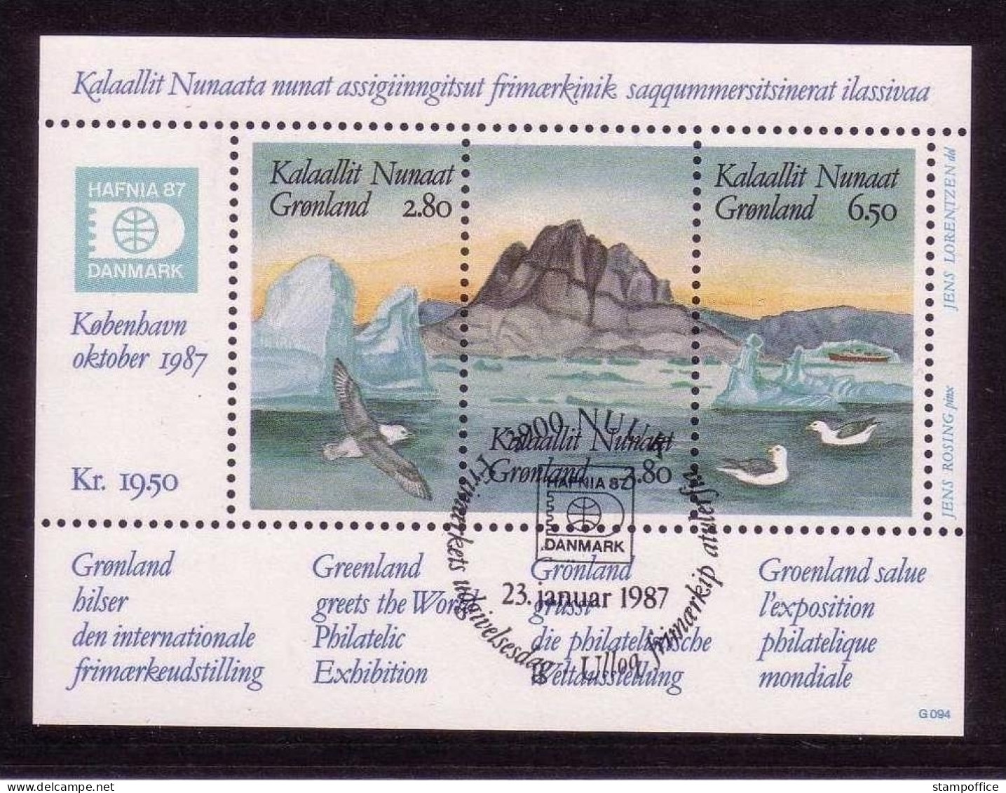 GRÖNLAND BLOCK 1 O INTERNATIONALE BRIEFMARKENAUSSTELLUNG HAFNIA '87 - BERGE - VÖGEL - Blocks & Sheetlets