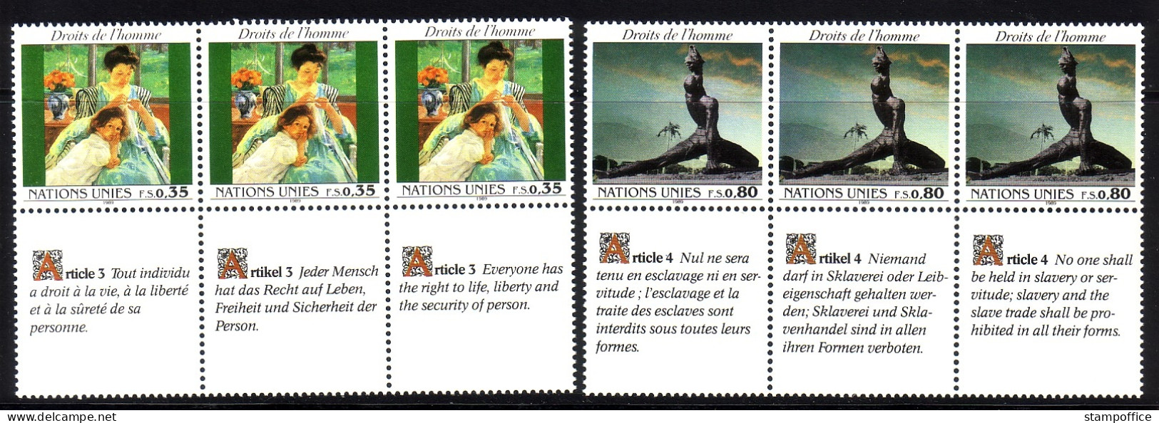 UNO GENF MI-NR. 180-181 POSTFRISCH(MINT) 3er STREIFEN MENSCHENRECHTE 1989 STATUE GEMÄLDE - Unused Stamps