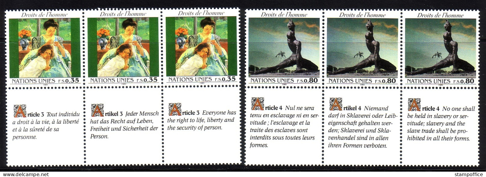 UNO GENF MI-NR. 180-181 POSTFRISCH(MINT) 3er STREIFEN MENSCHENRECHTE 1989 STATUE GEMÄLDE - Nuovi