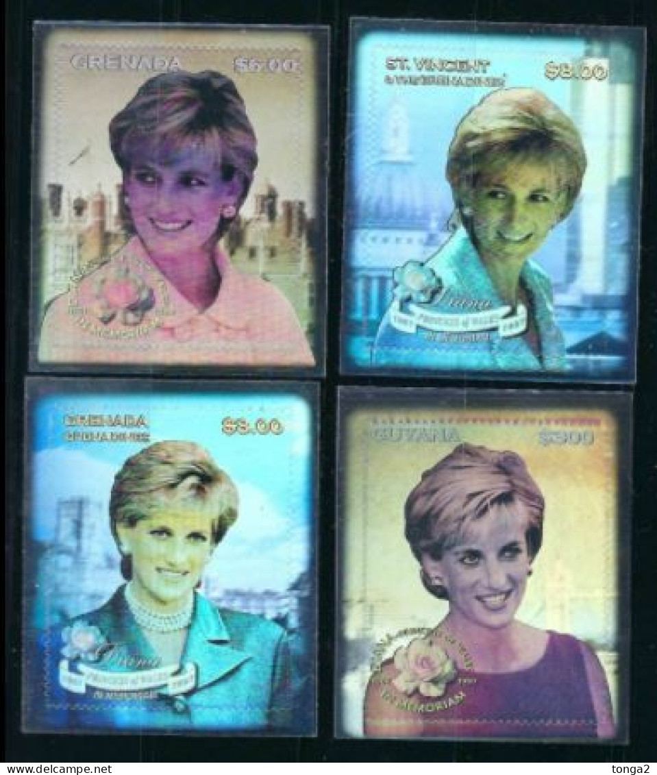 Grenada Guyana St Vincent Grenadines 1998 Diana - Complete Set Of 4 Hologram Stamps - Unusual - Holograms