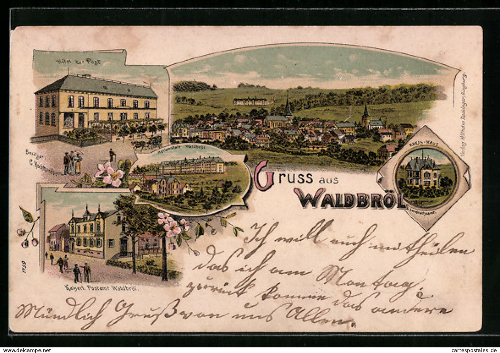 Lithographie Waldbröl, Gesamtansicht, Hotel Zur Post, Strassenpartie Mit Post  - Waldbroel