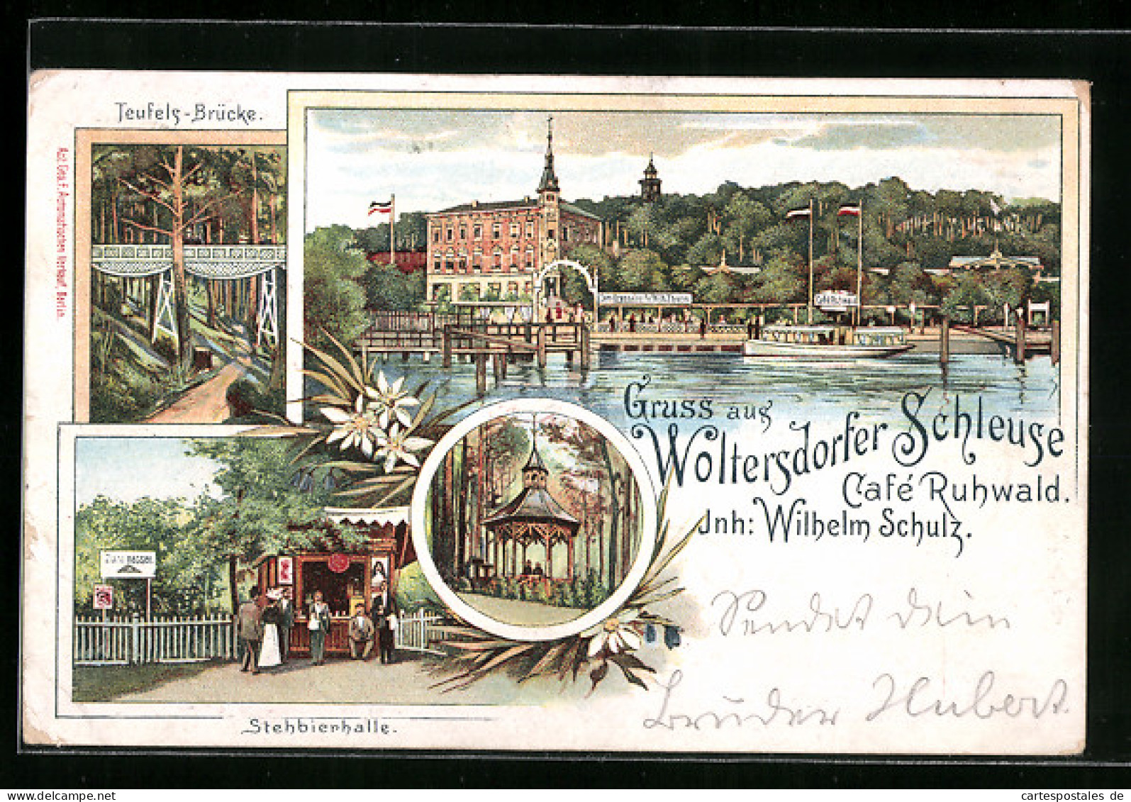 Lithographie Woltersdorf, Cafe Ruhwald An Der Woltersdorfer Schleuse, Stehbierhalle, Teufels-Brücke  - Woltersdorf