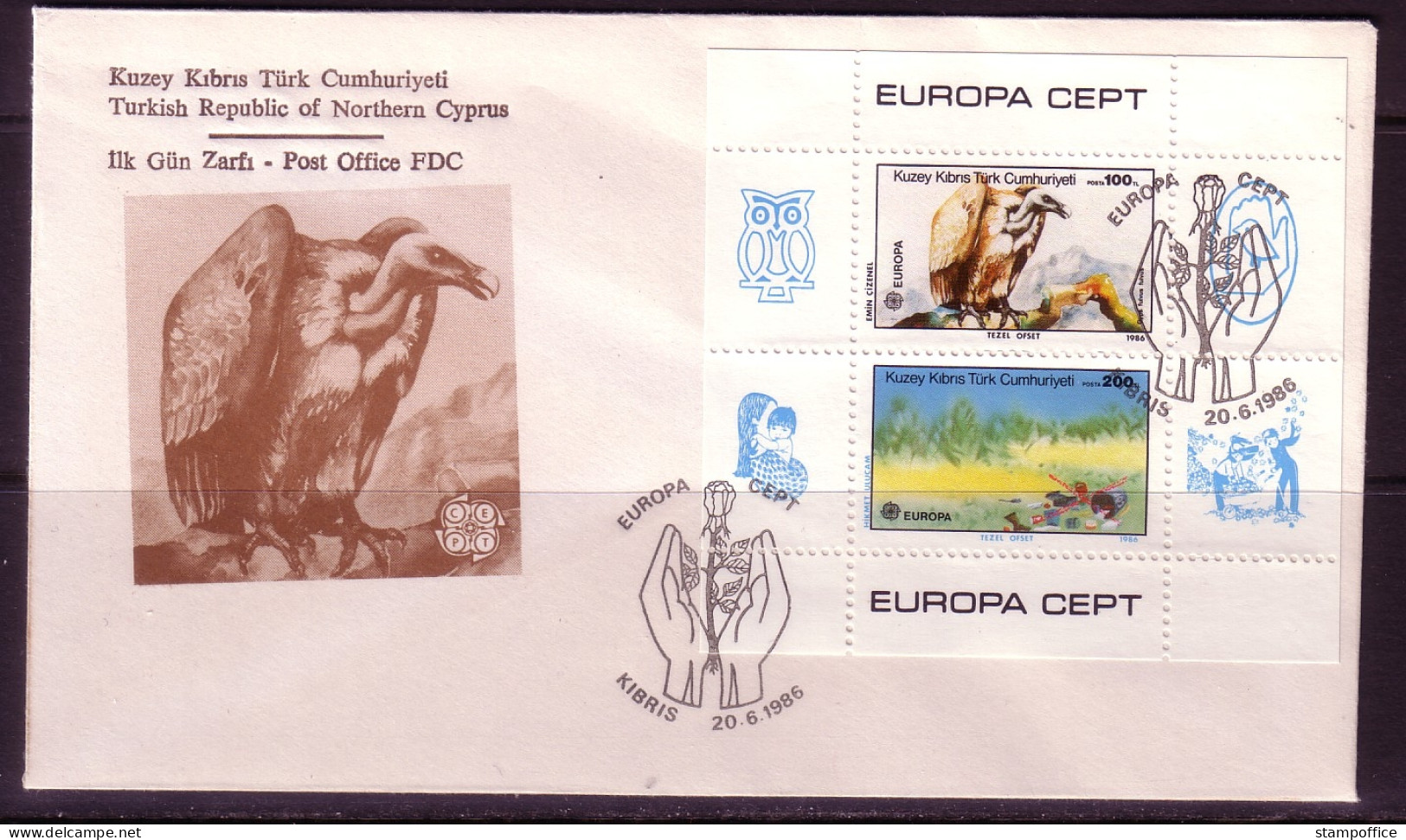 TÜRKISCH ZYPERN BLOCK 5 FDC EUROPA 1986 NATUR- Und UMWELTSCHUTZ GÄNSEGEIER - 1986