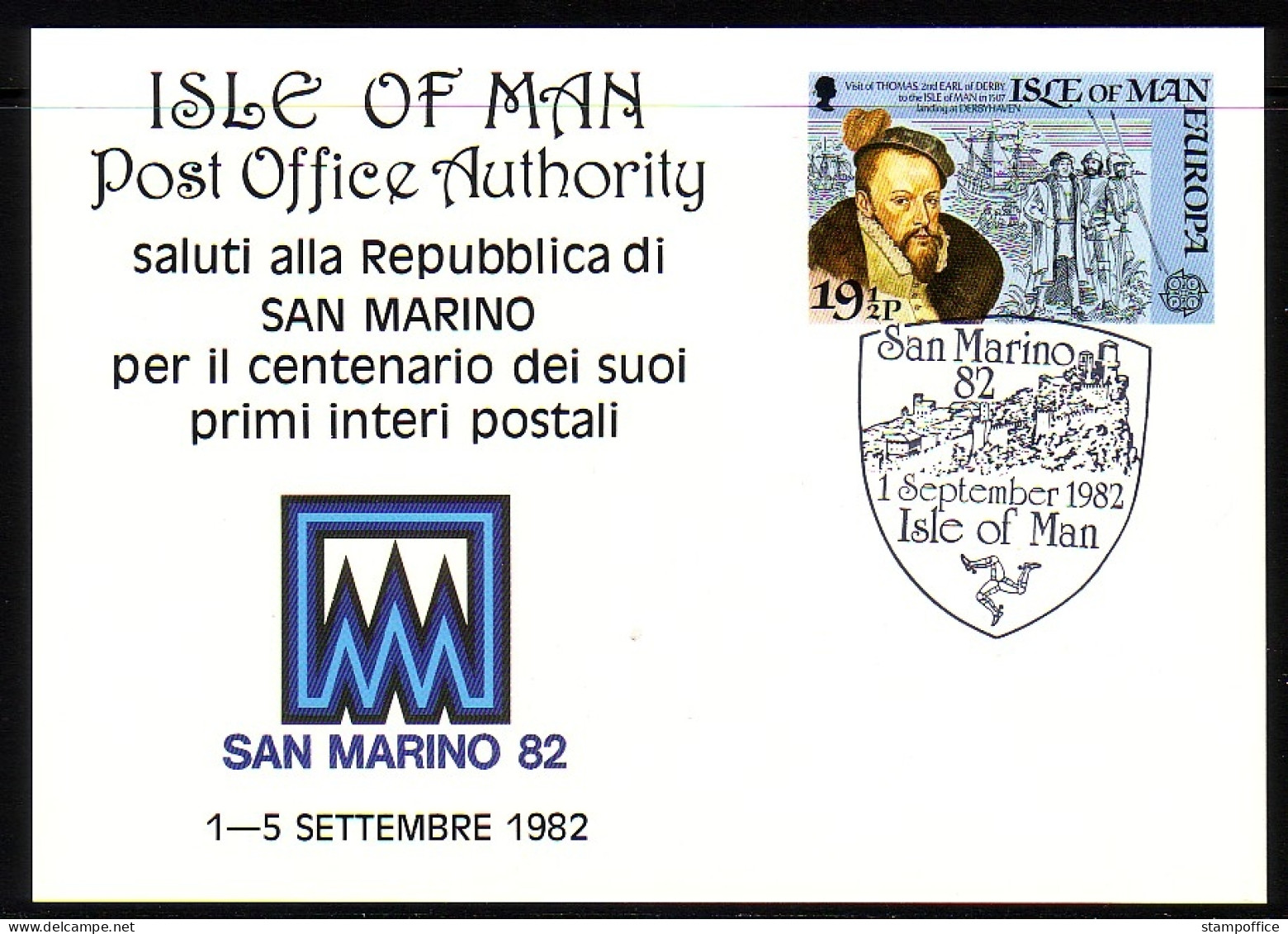 ISLE OF MAN SONDERPOSTKARTE P 1 MIT MI-NR. 214 GESTEMPELT SAN MARINO 82 EUROPA 1982 - 1982