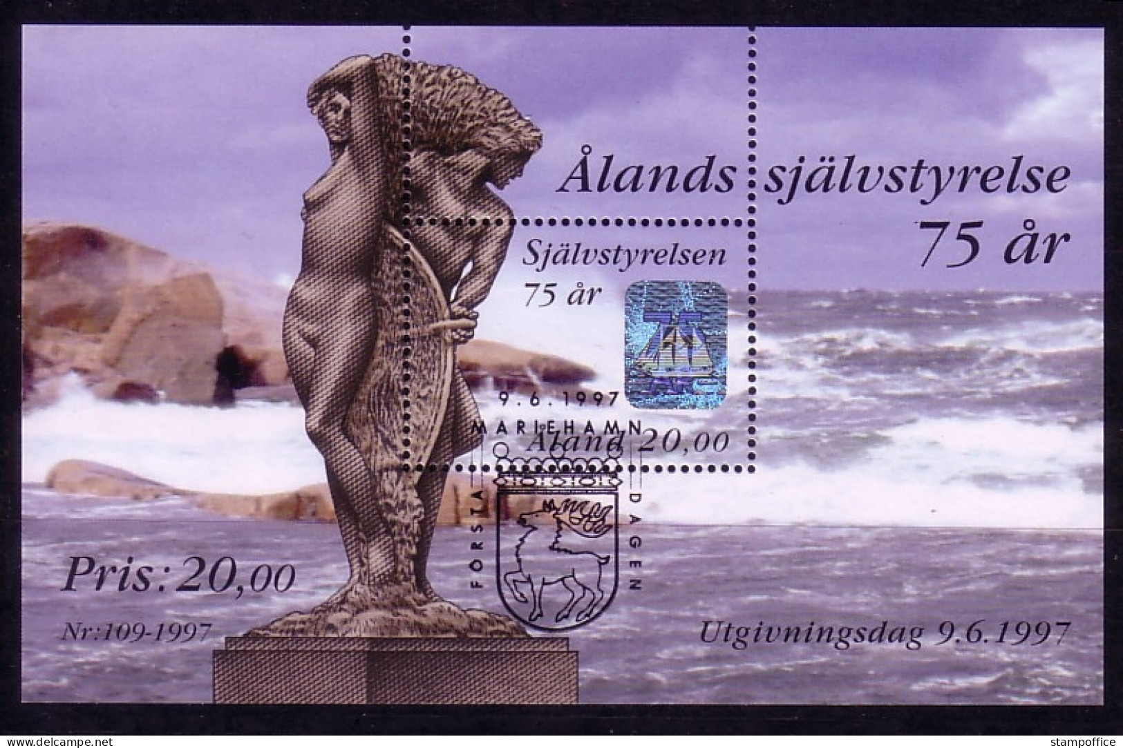 ALAND BLOCK 3 GESTEMPELT(USED) Mit Hologramm SELBSTVERWALTUNG 1997 DENKMAL VON MATTI HAUPT - Aland