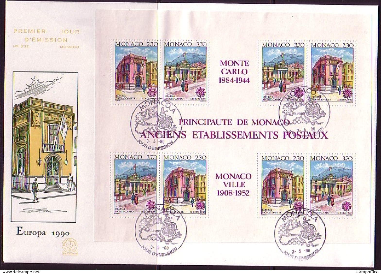 MONACO BLOCK 47 FDC EUROPA 1990 POSTALISCHE EINRICHTUNGEN POSTAMT - 1990