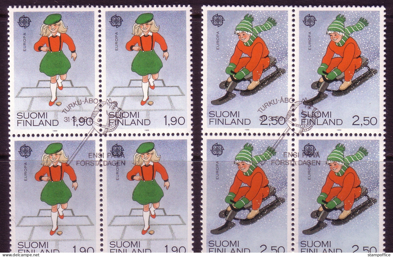 FINNLAND MI-NR. 1082-1083 O VIEREREBLOCK EUROPA 1989 - KINDERSPIELE - 1989