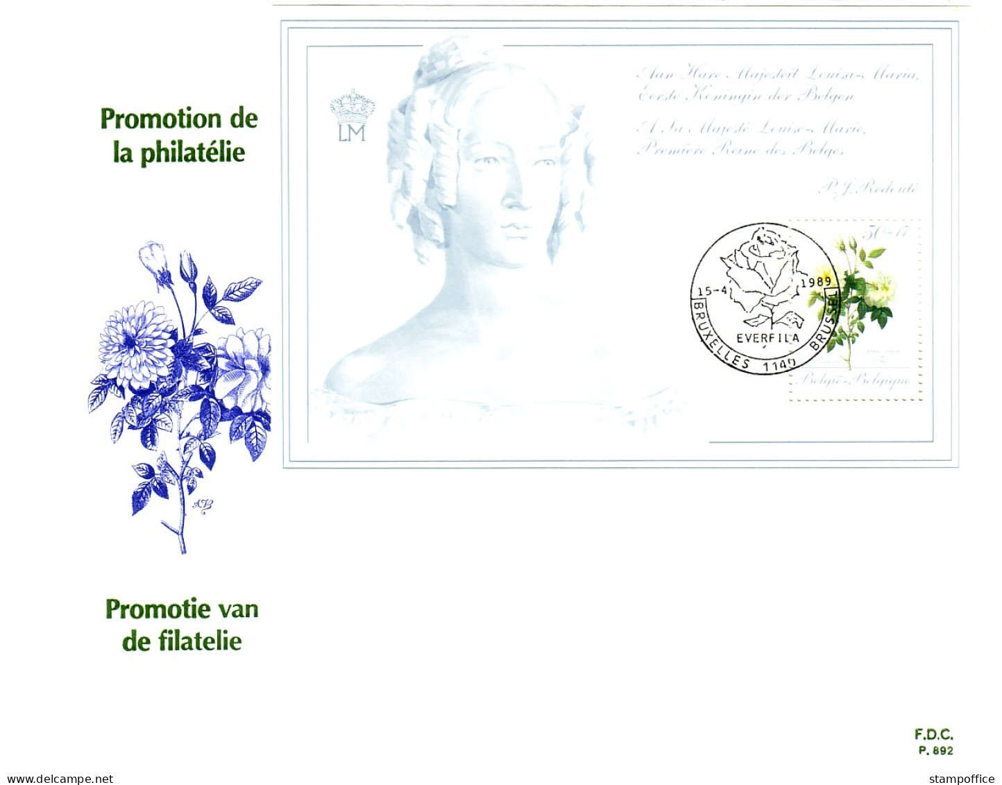 BELGIEN BLOCK 59 FDC WEISSE ROSEN KÖNIGIN LOUISE-MARIE 1989 - Roses