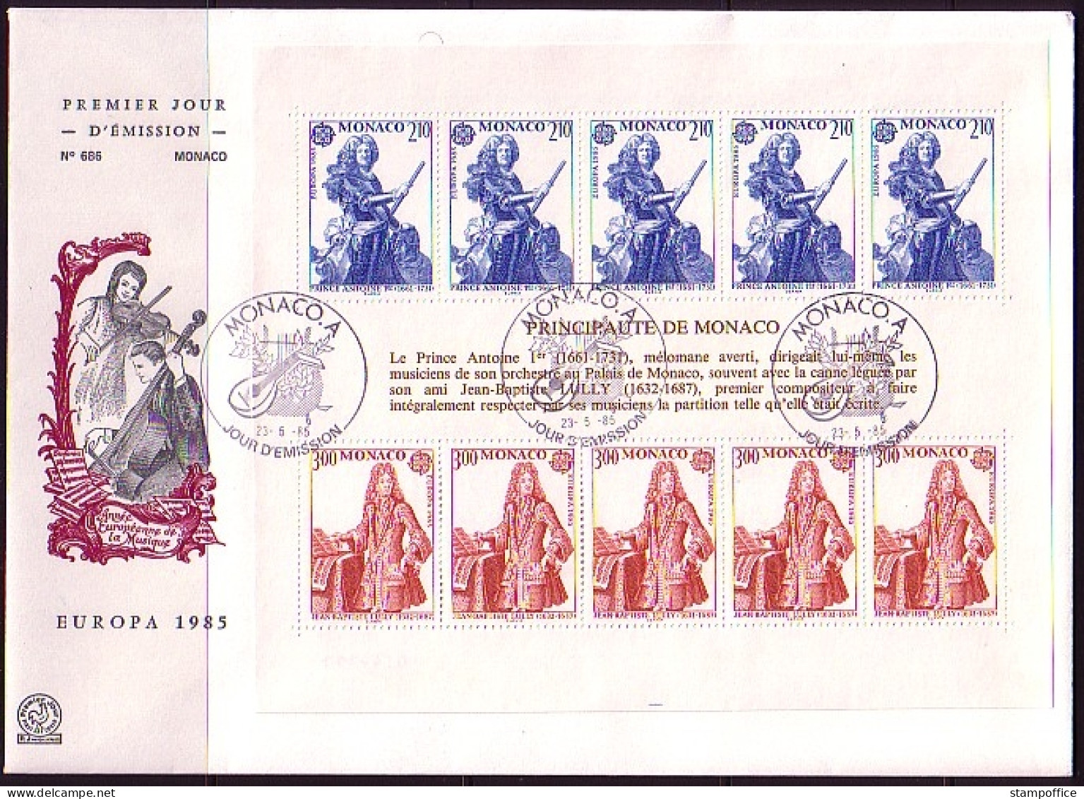 MONACO BLOCK 28 FDC EUROPA 1985 JAHR DER MUSIK - 1985