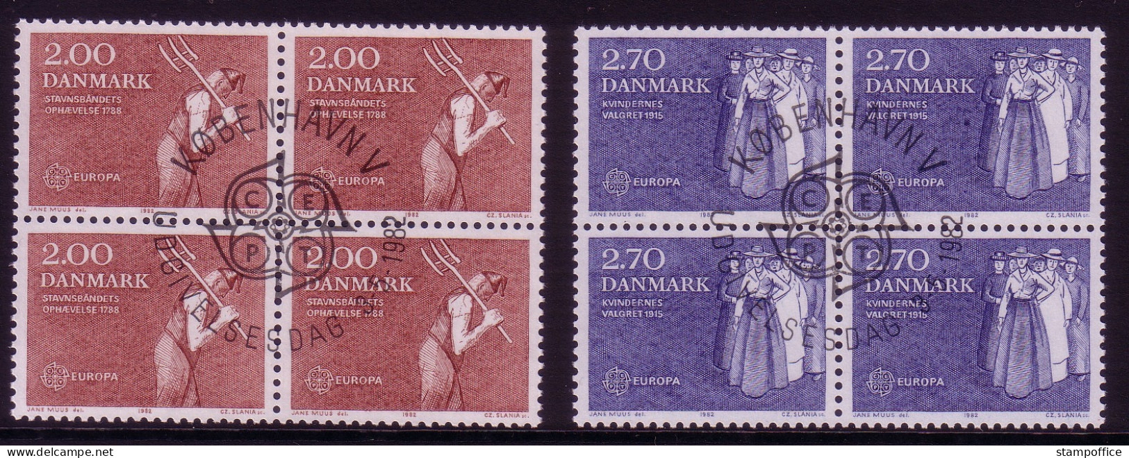 DÄNEMARK MI-NR. 749-750 O 4er BLOCK EUROPA 1982 - HISTORISCHE EREIGNISSE FRAUENWAHLRECHT - 1982