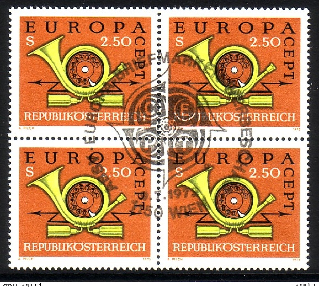 ÖSTERREICH MI-NR. 1416 GESTEMPELT(USED) 4er BLOCK EUROPA 1973 POSTHORN - 1973