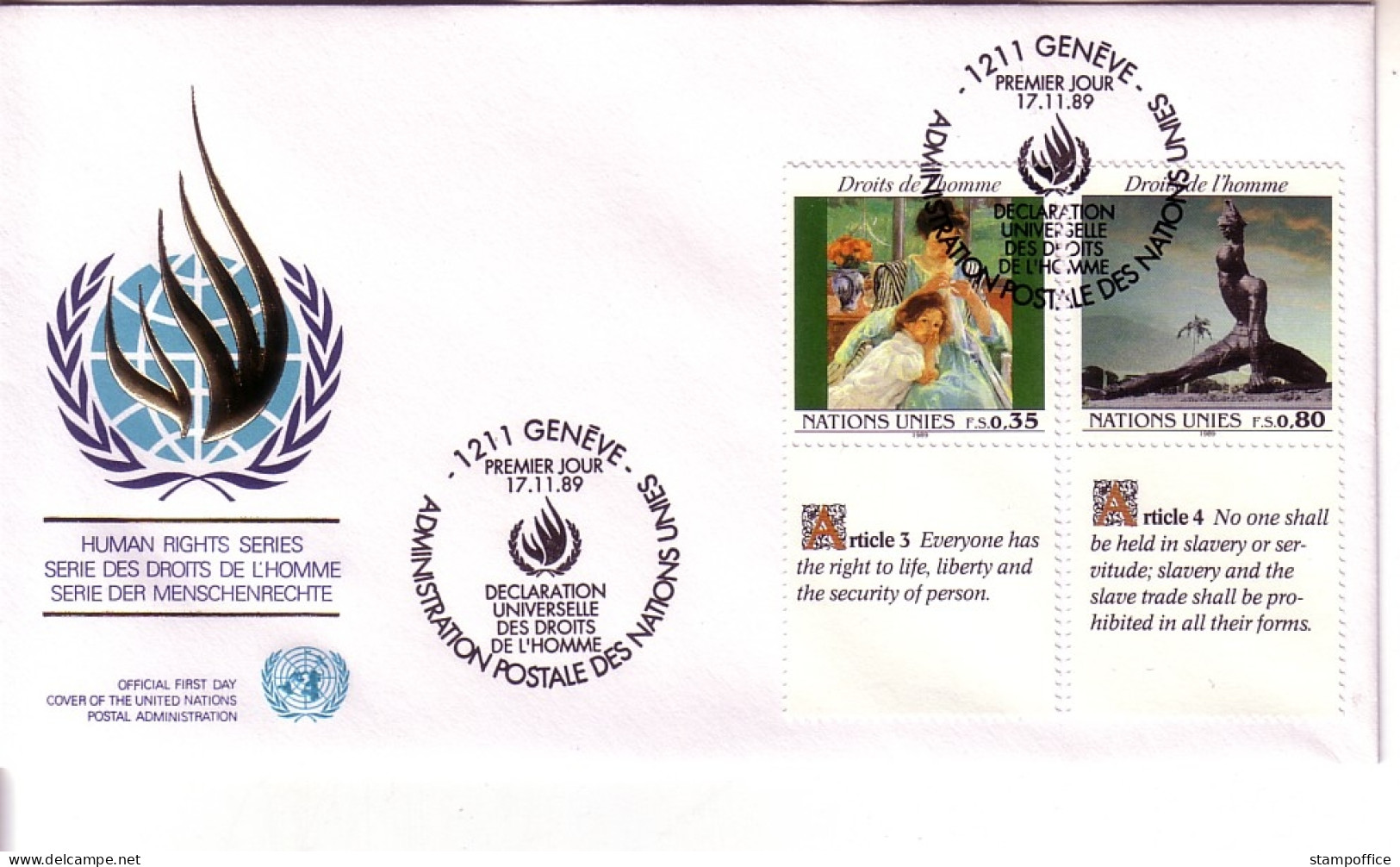 UNO GENF MI-NR. 180-181 3 FDC MENSCHENRECHTE 1989 STATUE GEMÄLDE - FDC