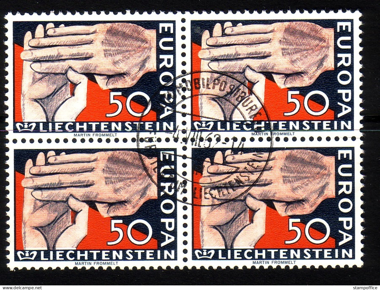 LIECHTENSTEIN MI-NR. 418 GESTEMPELT(USED) 4er BLOCK EUROPA 1962 - ZWEI HÄNDE - 1962