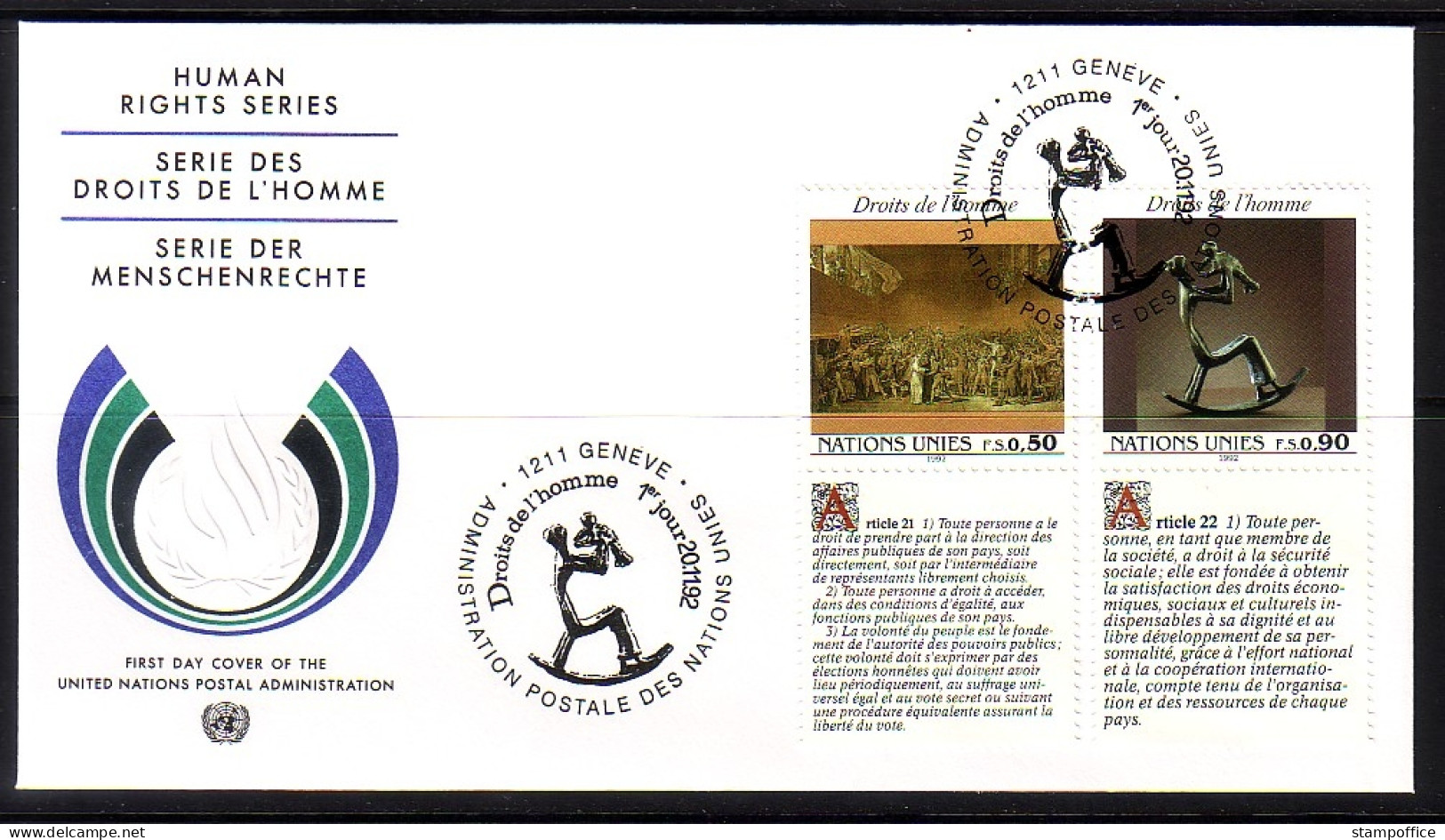 UNO GENF MI-NR. 223-224 3 FDC MIT 3 TEXTEN MENSCHENRECHTE 1992 HENRY MOORE - FDC