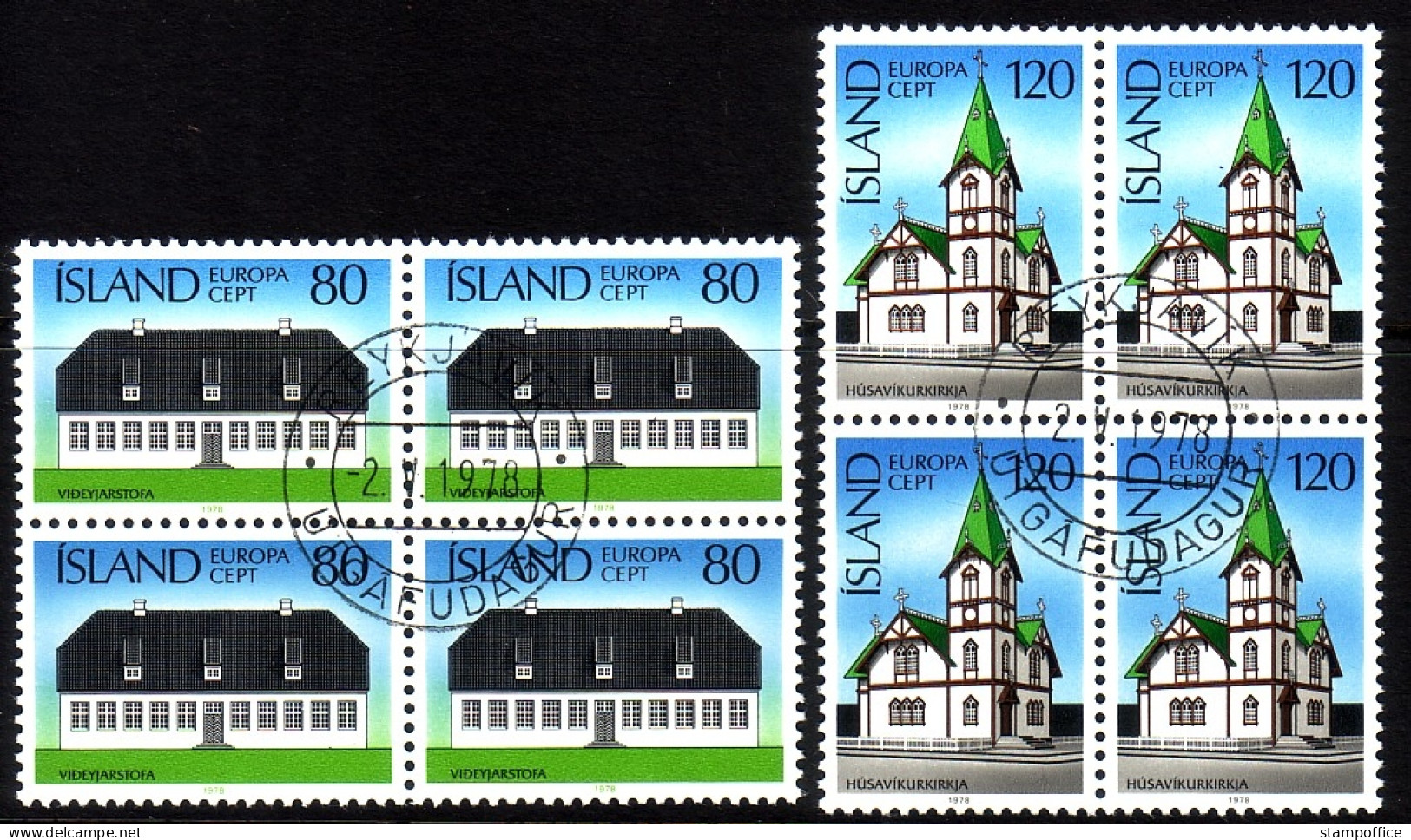 ISLAND MI-NR. 530-531 GESTEMPELT(USED) 4er BLOCK EUROPA 1978 BAUDENKMÄLER KIRCHE - 1978