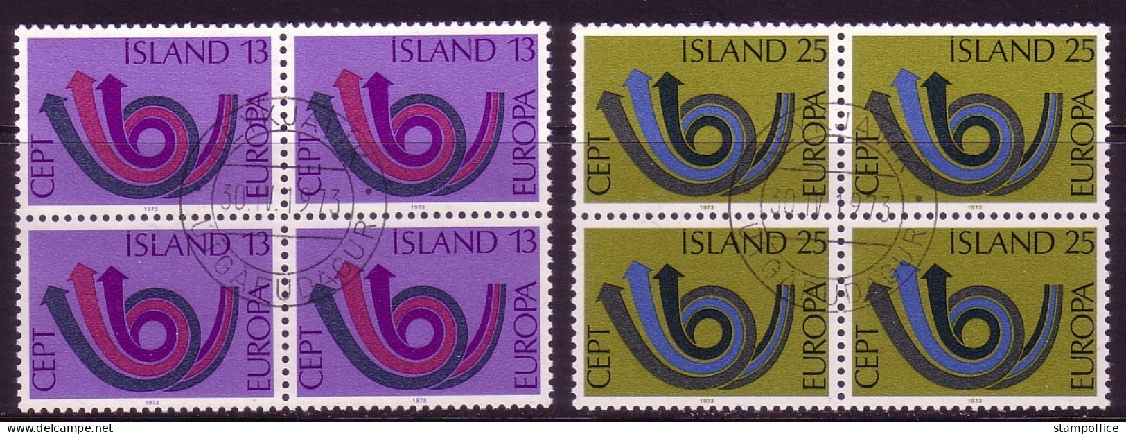 ISLAND MI-NR. 471-472 GESTEMPELT(USED) 4er BLOCK EUROPA 1973 POSTHORN - 1973