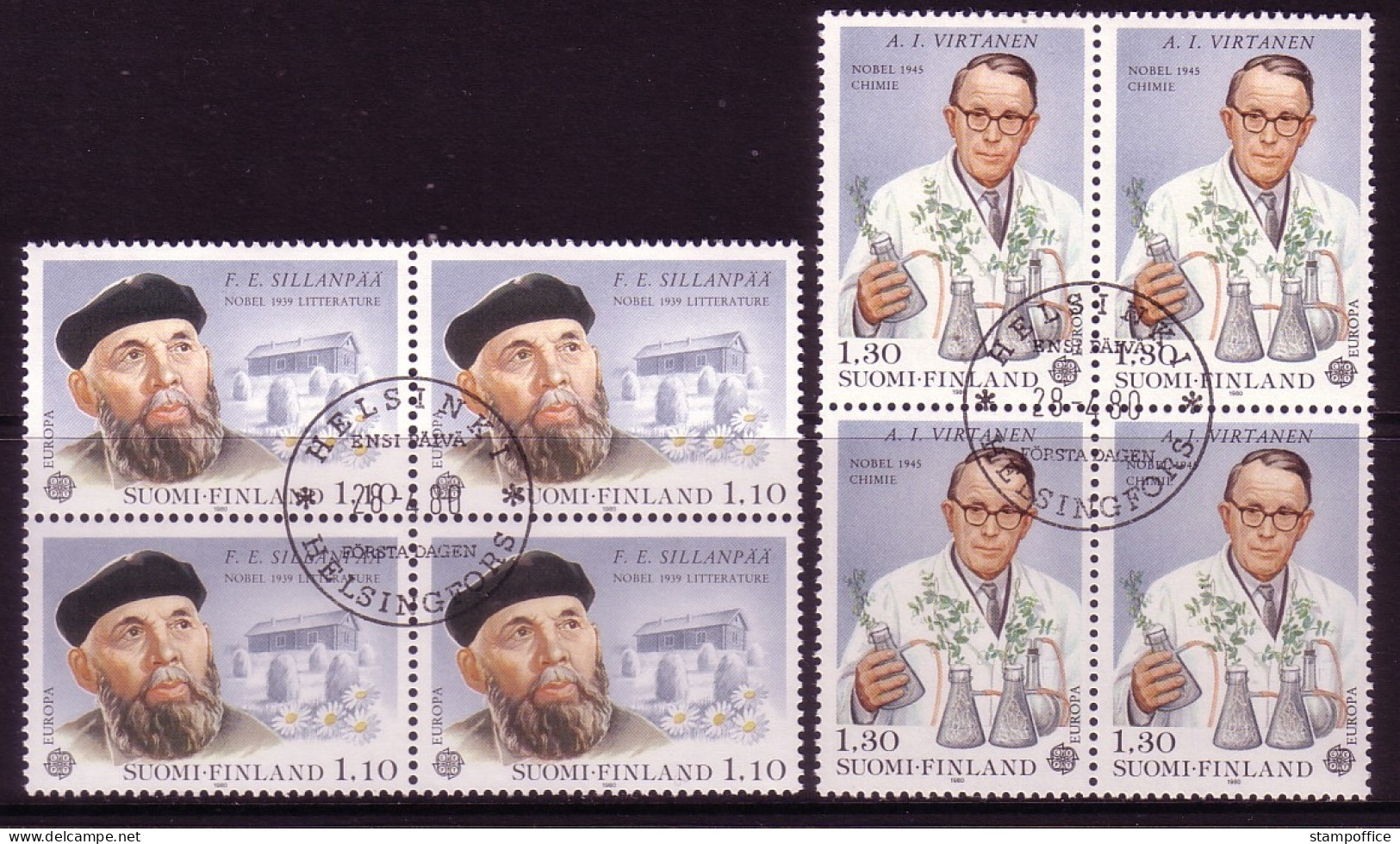 FINNLAND MI-NR. 867-868 GESTEMPELT(USED) 4er BLOCK EUROPA 1980 PERSÖNLICHKEITEN NOBELPREISTRÄGER VIRTANEN SILLANPÄÄ - Used Stamps