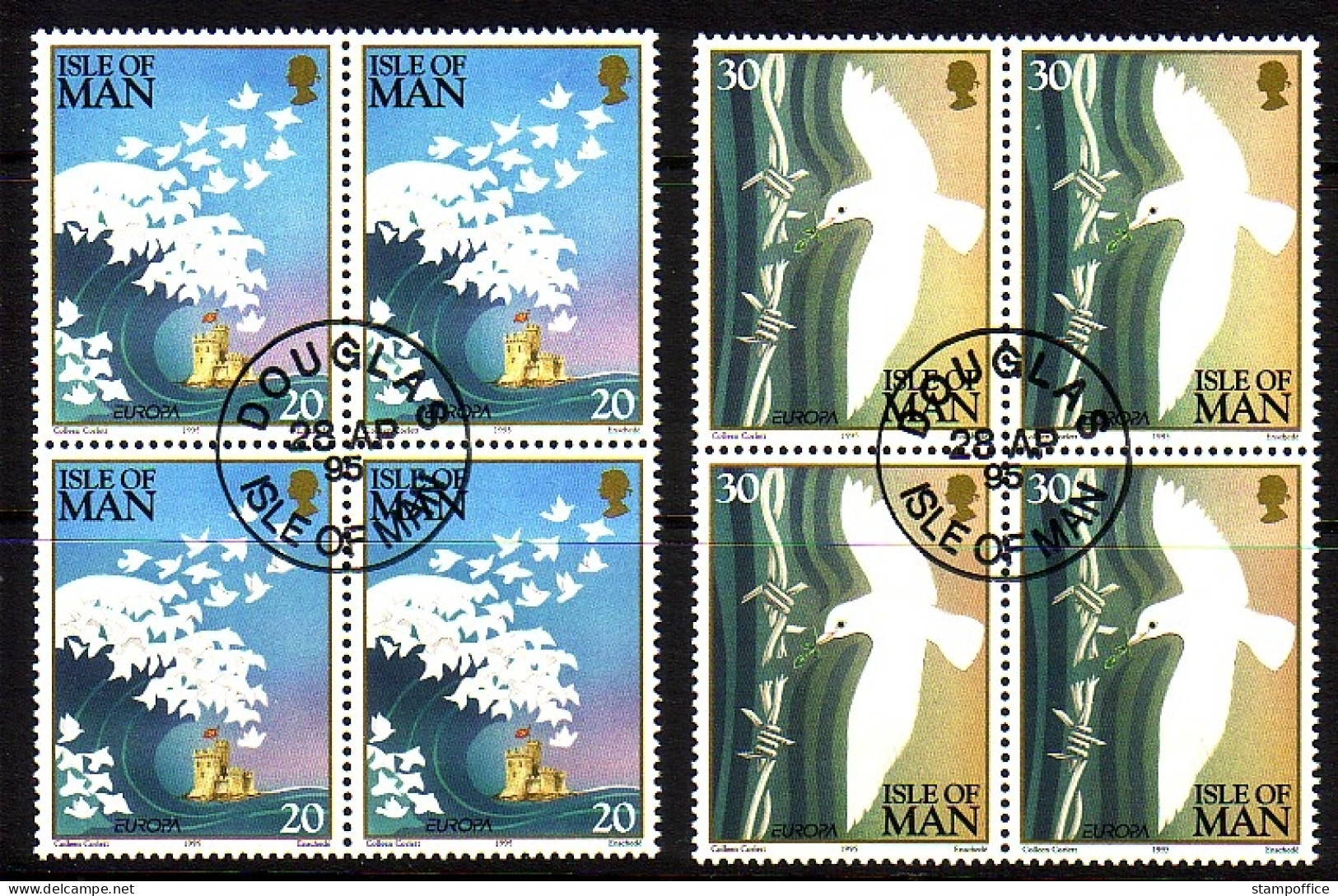 ISLE OF MAN MI-NR. 627-628 O 4er BLOCK EUROPA 1995 FRIEDEN Und FREIHEIT FRIEDENSTAUBE - 1995