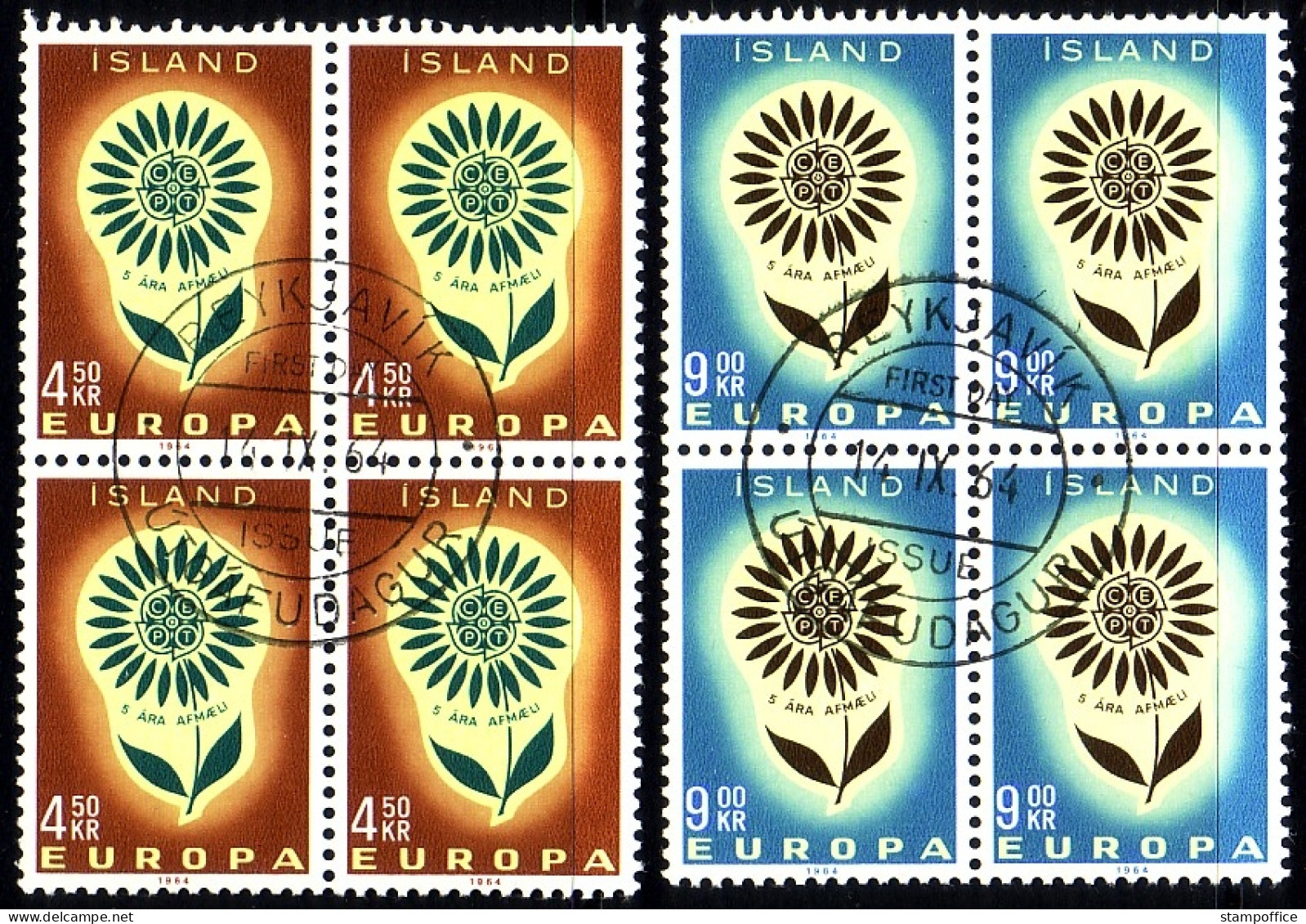 ISLAND MI-NR. 385-386 GESTEMPELT(USED) 4er BLOCK EUROPA 1964 STILISIERTE BLUME - 1964
