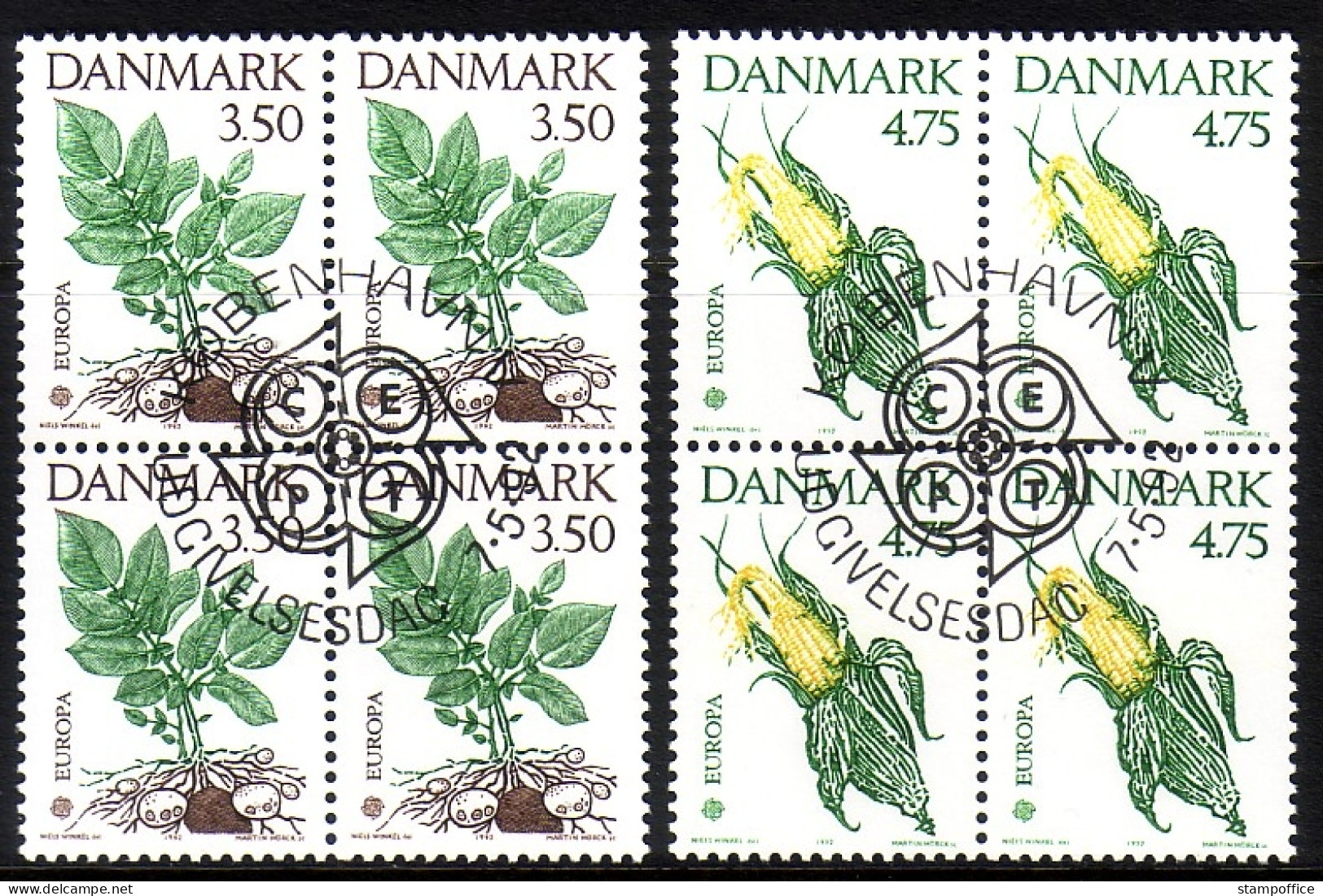 DÄNEMARK MI-NR. 1025-1026 GESTEMPELT(USED) 4er BLOCK EUROPA 1992 ENTDECKUNG AMERIKAS KARTOFFELPFLANZE MAISKOLBEN - 1992