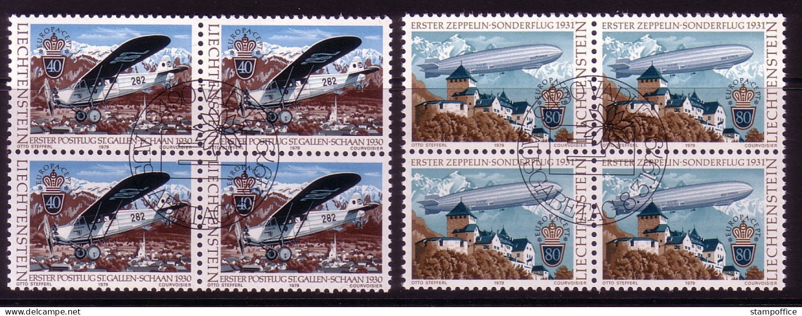 LIECHTENSTEIN MI-NR. 723-724 GESTEMPELT(USED) 4er BLOCK EUROPA 1979 POSTWESEN FLUGZEUG ZEPPELIN - 1979