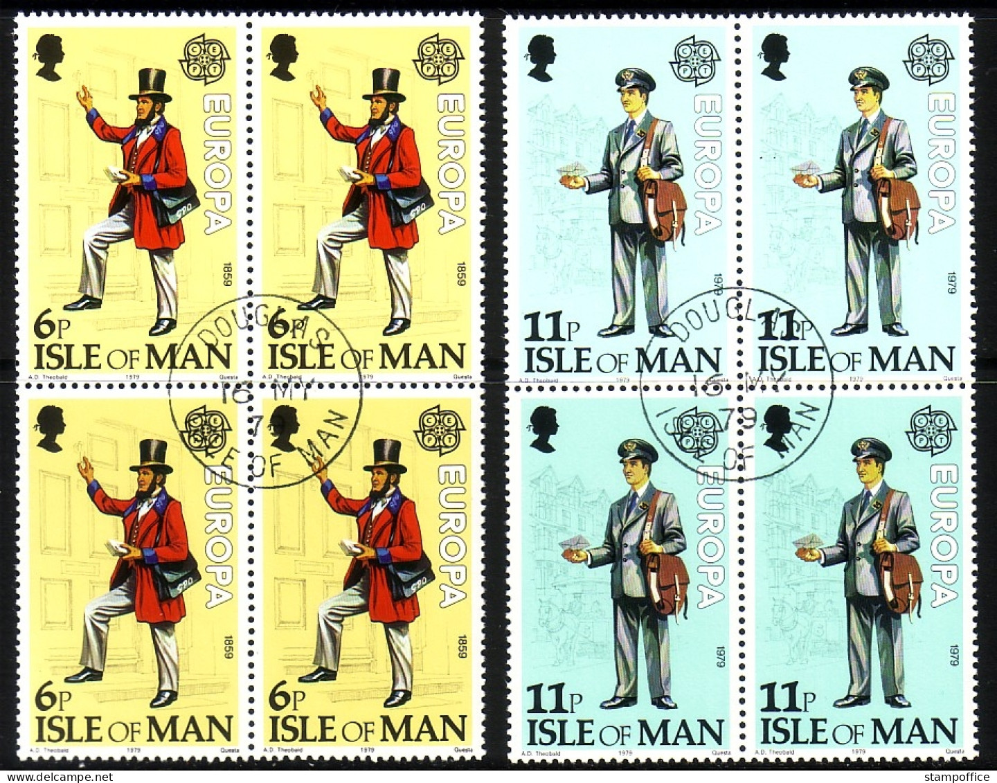 ISLE OF MAN MI-NR. 142-143 O 4er BLOCK EUROPA 1979 POST- Und FERNMELDEWESEN POSTBOTE - 1979