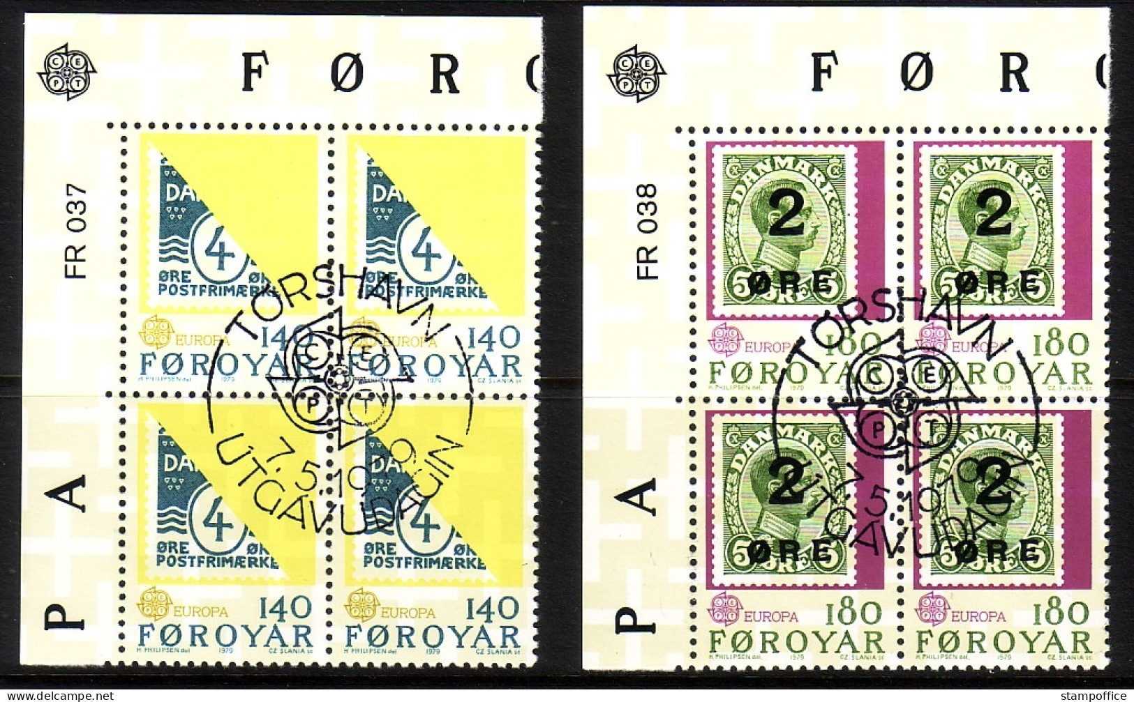 FÄRÖER MI-NR. 43-44 O 4er BLOCK EUROPA 1979 POST- Und FERNMELDEWESEN BRIEFMARKE AUF BRIEFMARKE - 1979