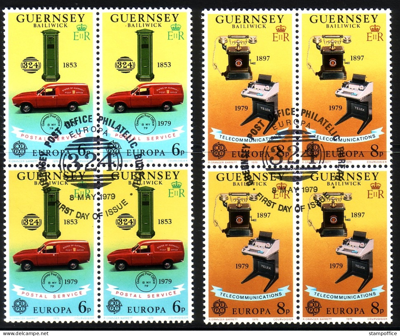 GUERNSEY MI-NR. 189-190 GESTEMPELT(USED) 4er BLOCK EUROPA 1979 POSTWESEN AUTO TELEFON BRIEFKASTEN - 1979